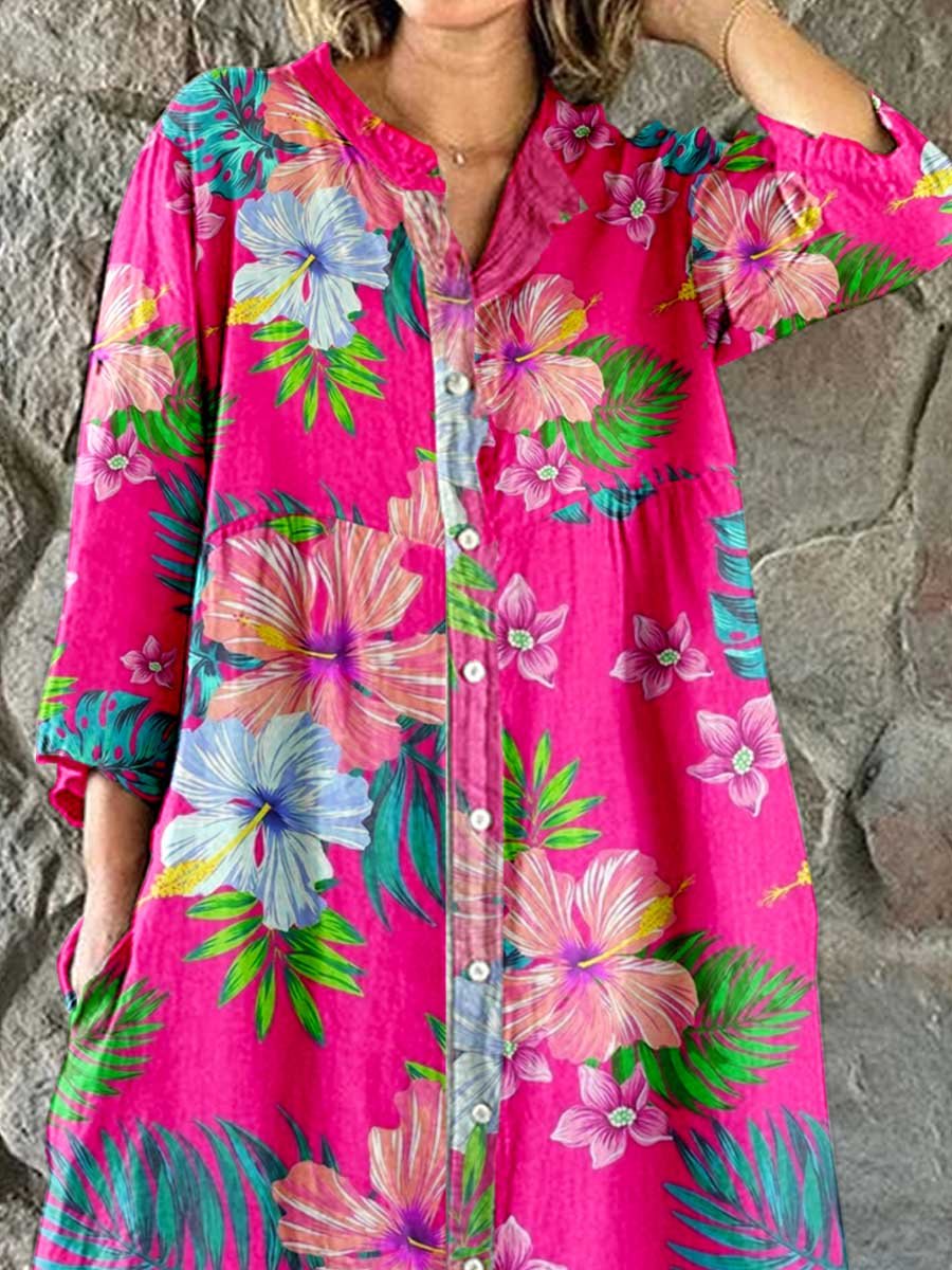 Women's Tropical Floral Shirt Style Cotton and Linen Dress