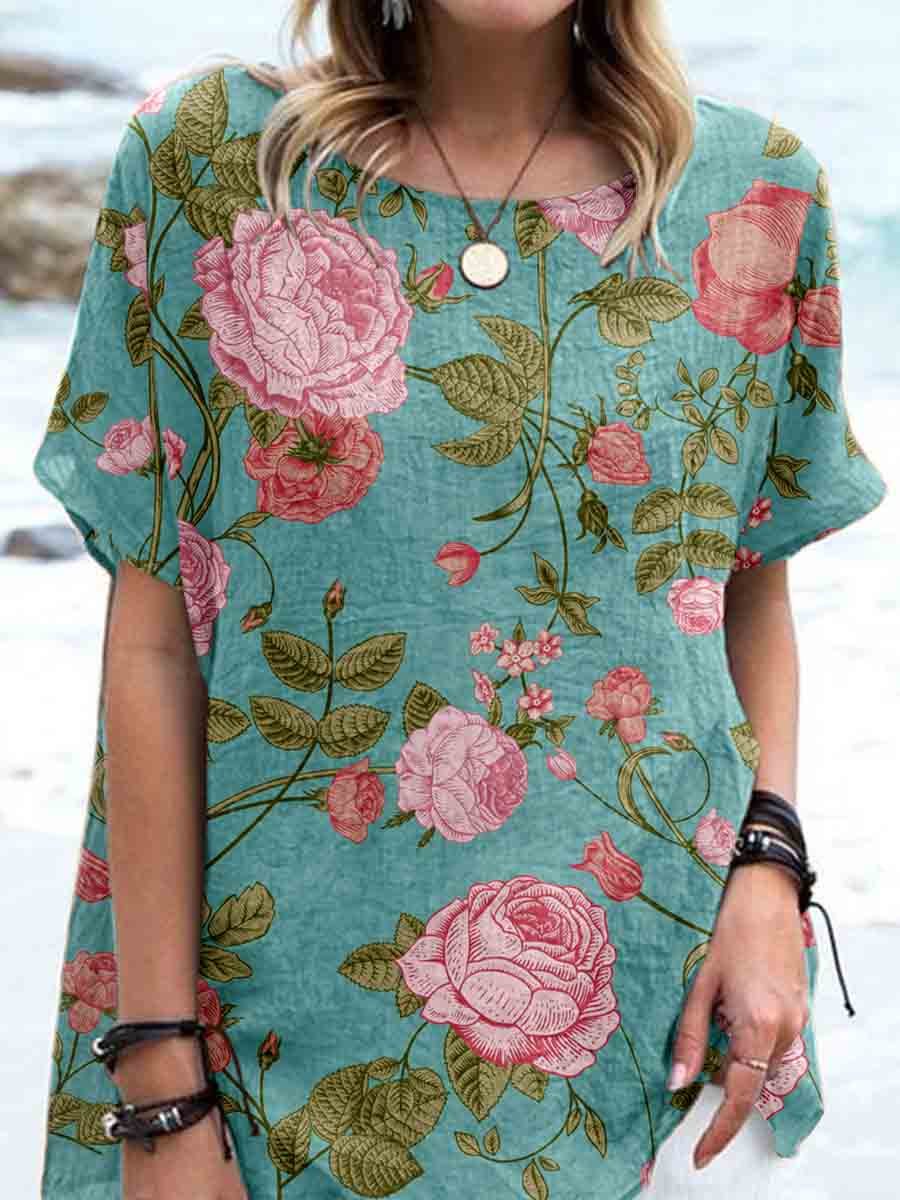 Women's Elegant Vintage Rose Floral Print Linen Top