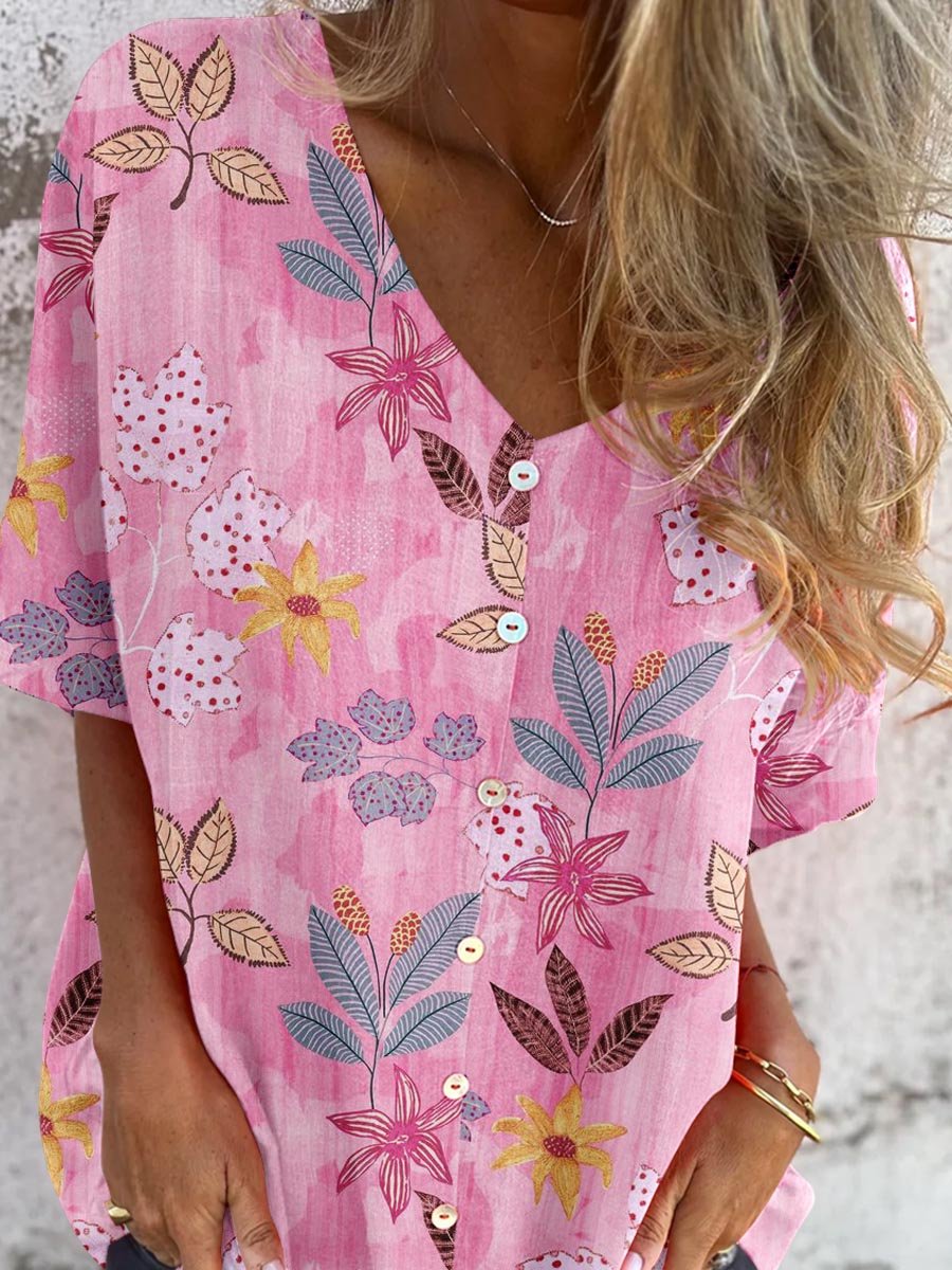 Women's Elegant Floral Pattern Shirt Style Cotton and Linen Top