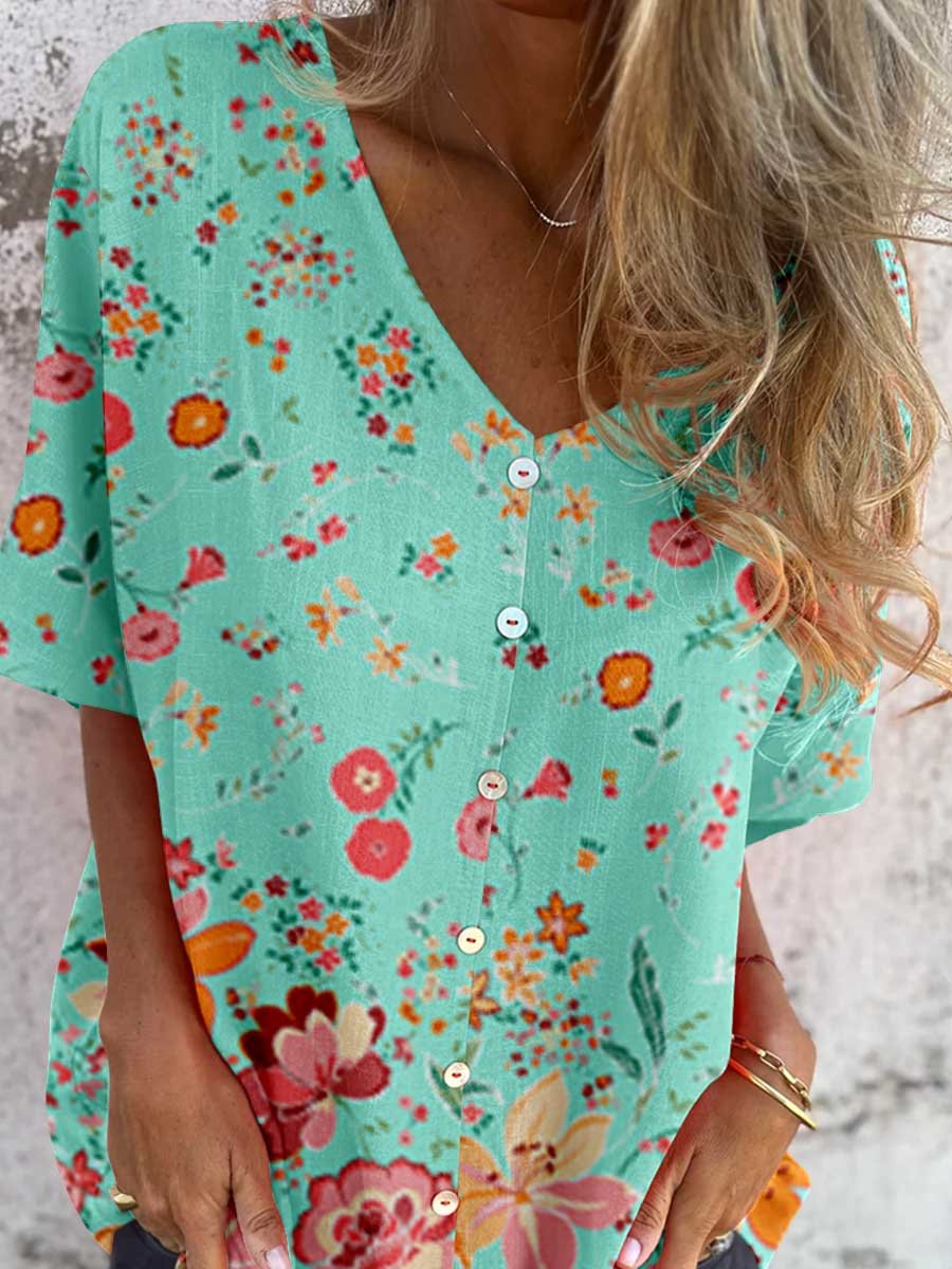 Women's Elegant Floral Pattern V-Neck Shirt Style Cotton and Linen Top