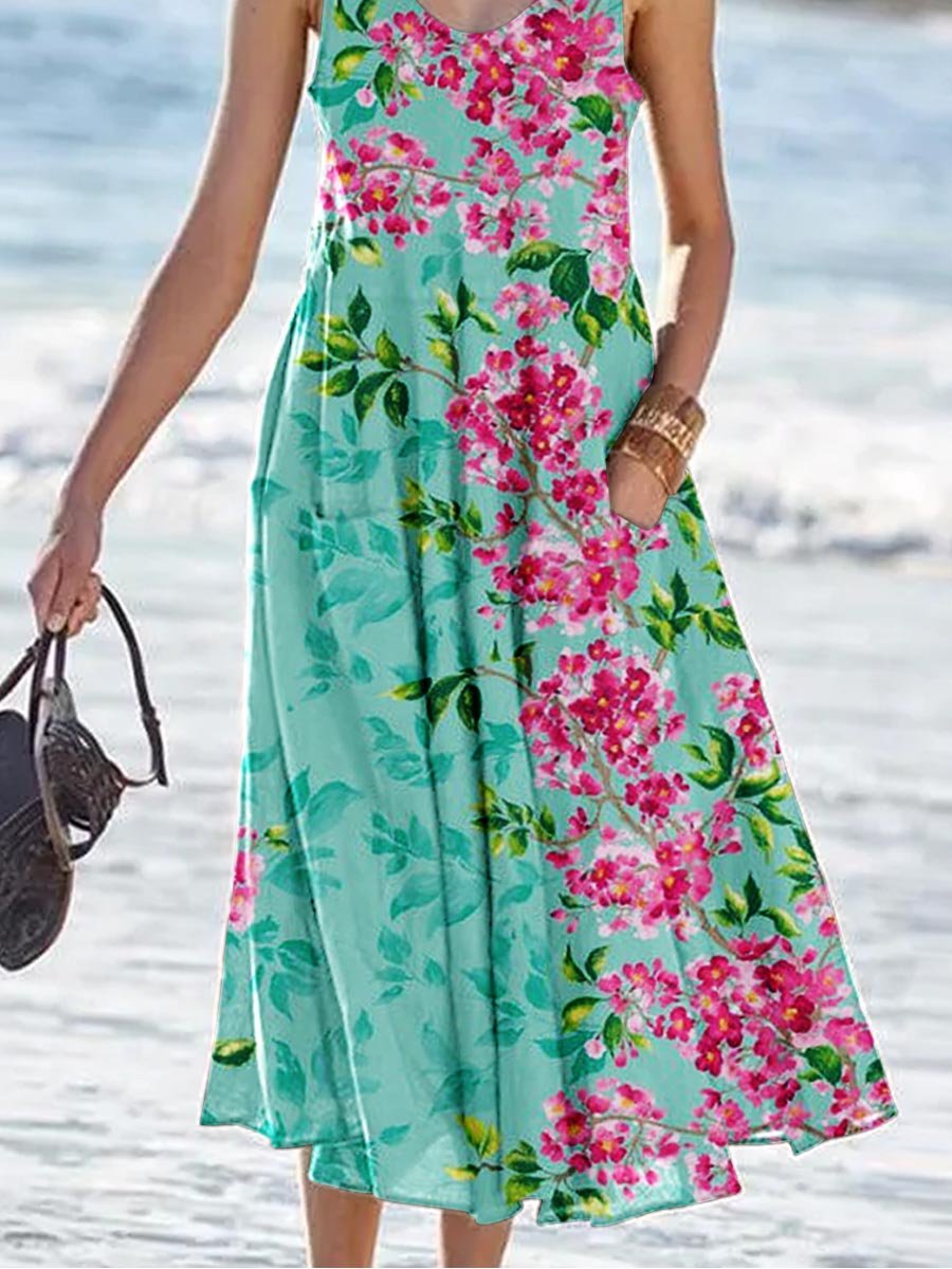 Women's Floral Print Resort Tank Top Dress with Pockets