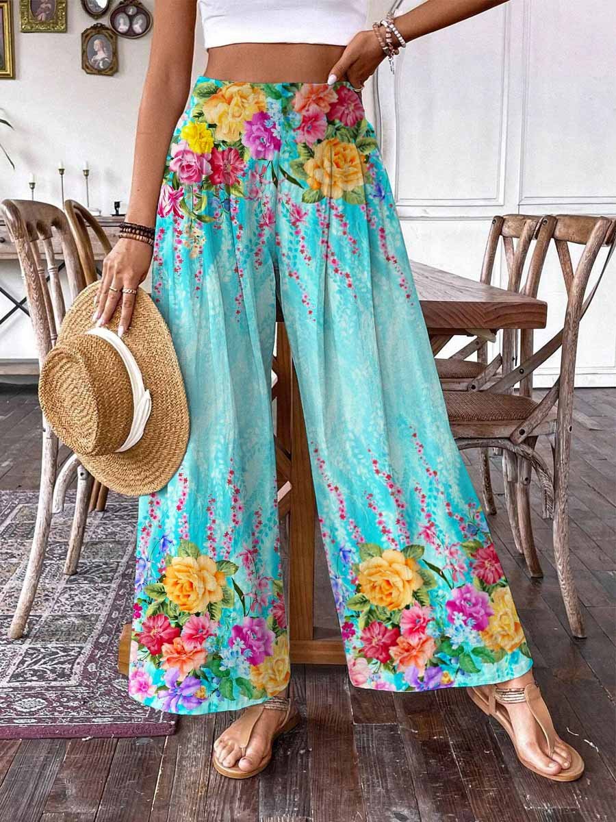 Women's Summer Floral Print Pattern Cotton Wide Leg Pants