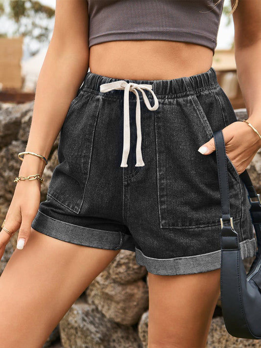 Women's Lace-up Elastic Waist Casual Curled Denim Shorts