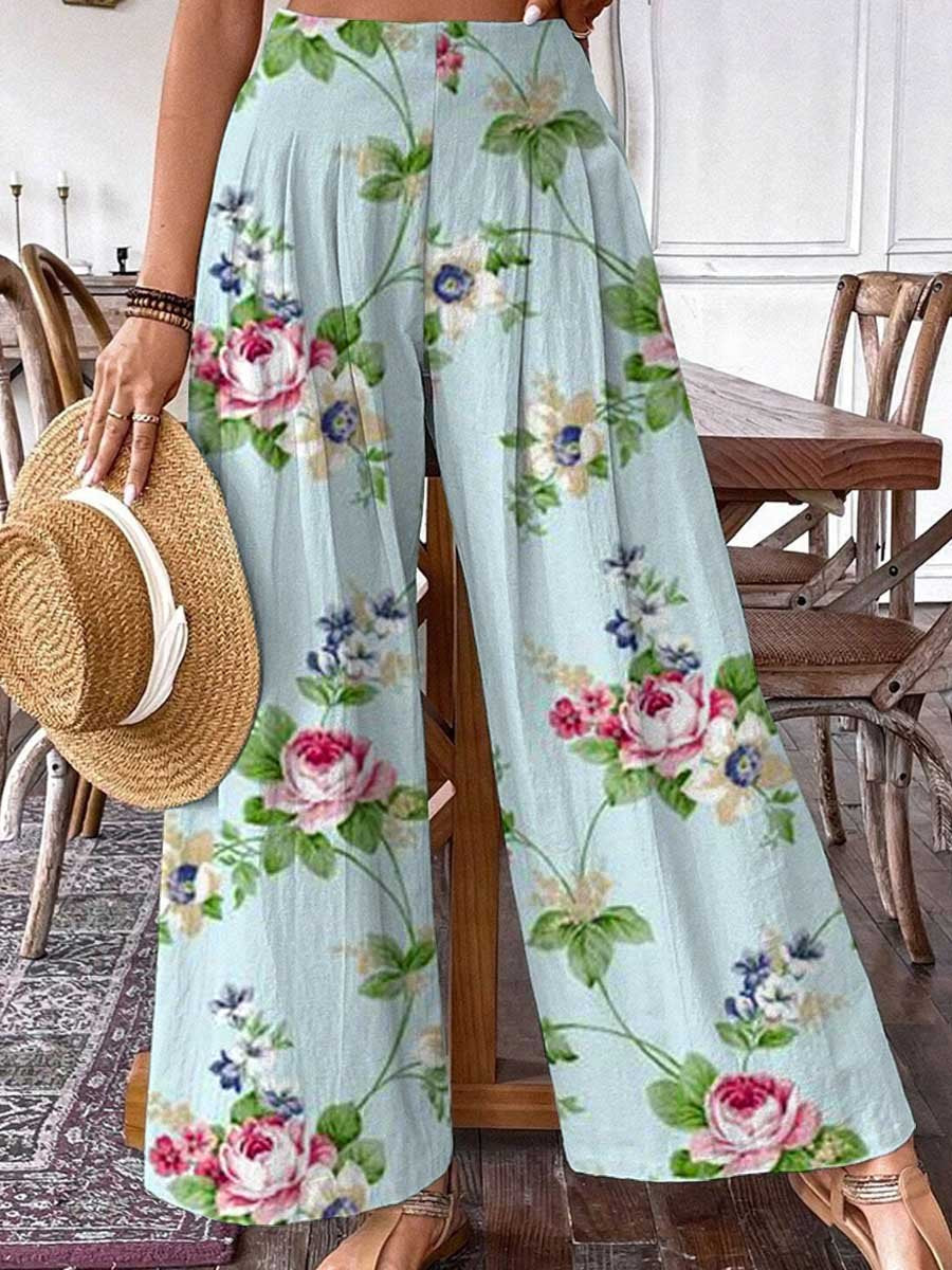 Women's Rose Floral Pattern Cotton Wide Leg Pants