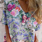 Women's Summer Rose Floral V-Neck Shirt-Style Cotton and Linen Top