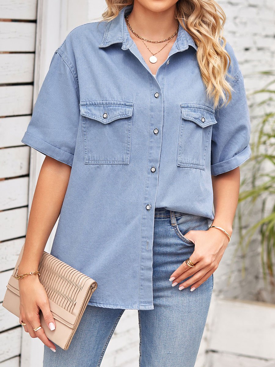 Women's Single Breasted Short Sleeve Denim Shirt