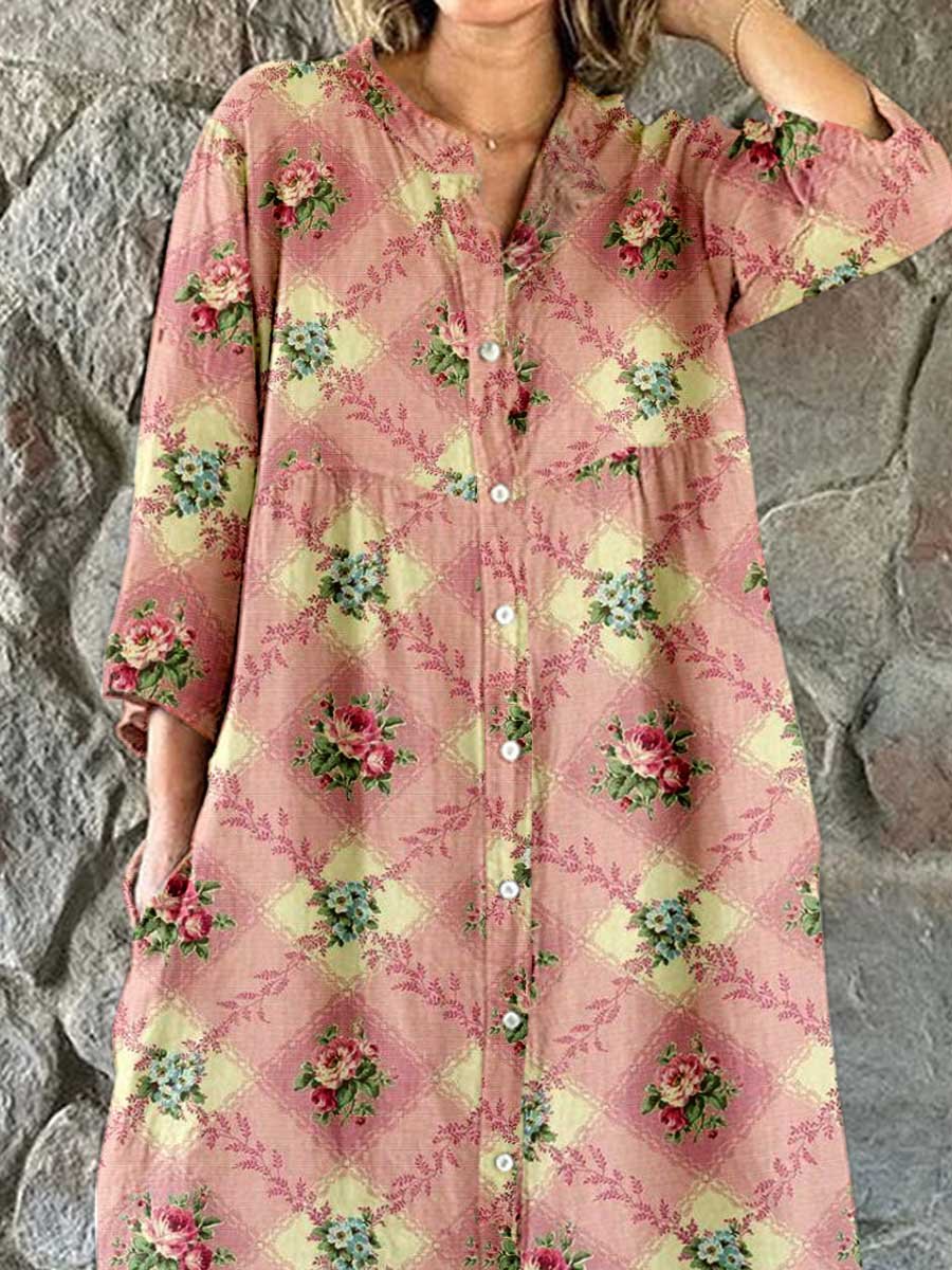 Women's Floral Art Print Cotton and Linen Shirt Dress