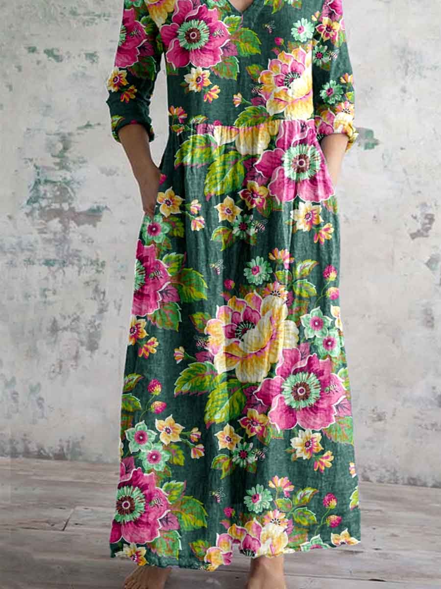 Women's Vintage Elegant Floral Pattern Cotton and Linen Dress with Pockets