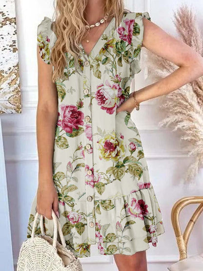 Women's Elegant  Rose Floral Pattern Graphic Ruffle Sleeve Hem Dress