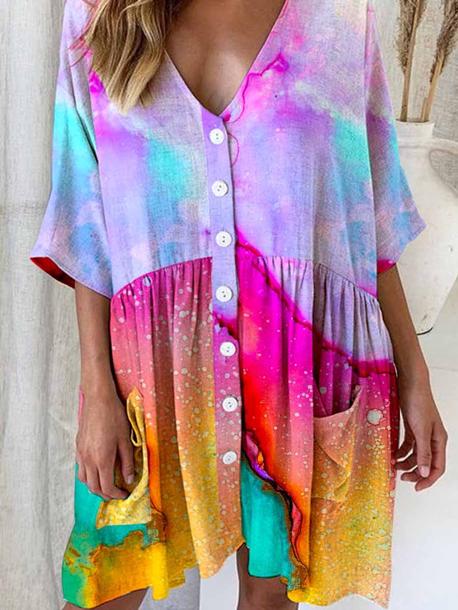 Women's Summer Rainbow Color Gradient Printed Cotton and Linen Dress