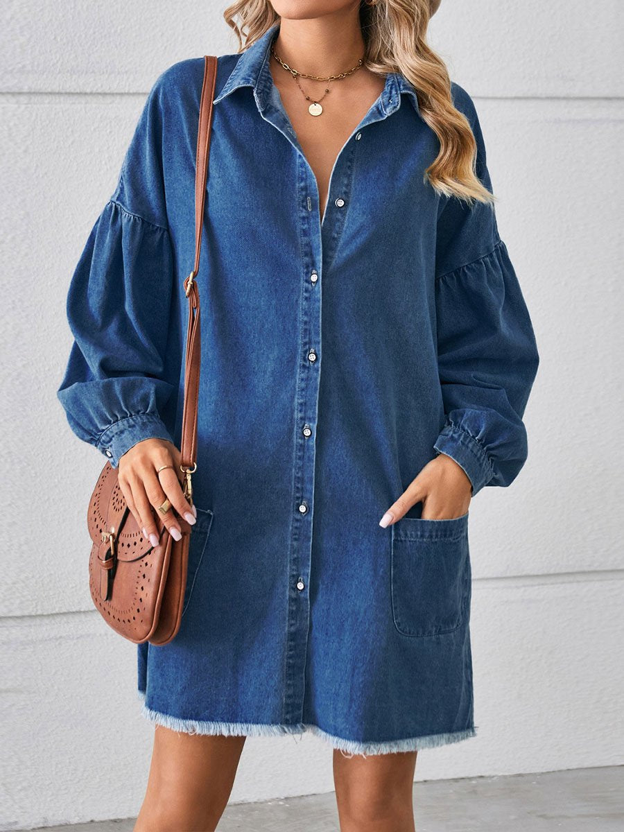 Women's Loose Denim Long Sleeve Raw Edge Dress