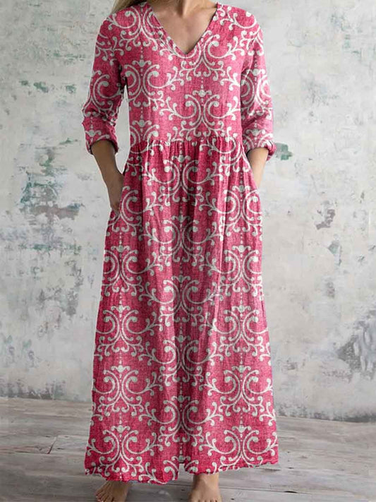 Women's Elegant Simple Embellished Floral Print V-Neck Cotton and Linen Dress with Pockets