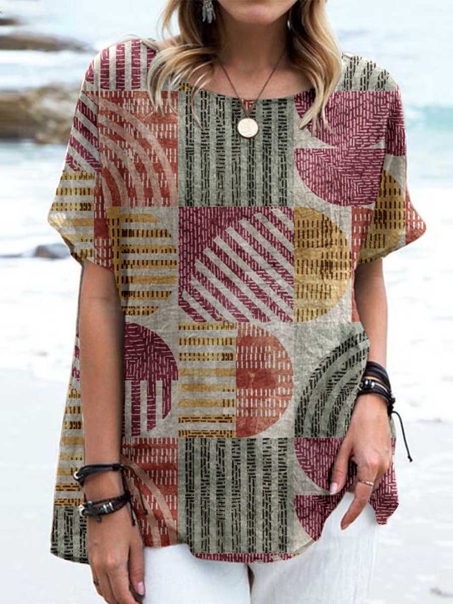 Women's Artistic Geometric Pattern Round Neck Cotton And Linen Top