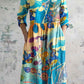 Women's Vintage Elegant Art Floral Pattern Cotton and Linen Dress with Pockets