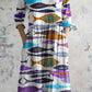 Women's Elegant Wave Undersea Fish Pattern V-Neck Cotton and Linen Dress