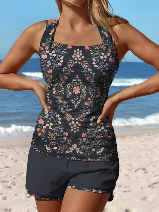 Gray Flower Symmetry Print Halter Patchwork Mid Waisted Tankini Short Set Swimsuit