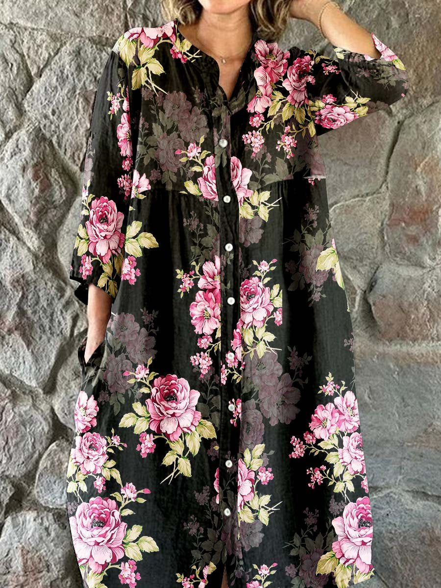 Women's Elegant Vintage Floral Print Shirt Style Cotton and Linen Dress