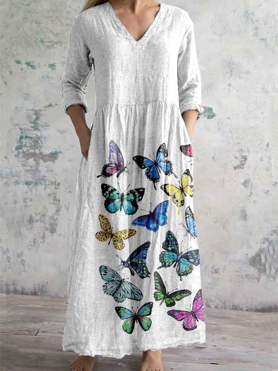 Women's Summer Butterfly Pattern Cotton And Linen Dress