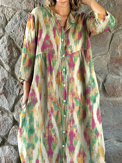 Women's Elegant Color Gradient Texture Pattern Shirt Style Cotton and Linen Dress