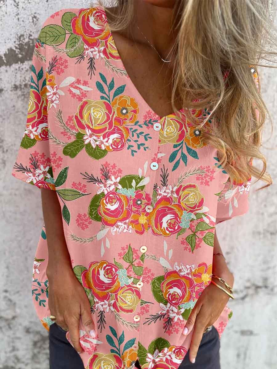 Women's Elegant Floral Pattern Shirt Style Cotton and Linen Top