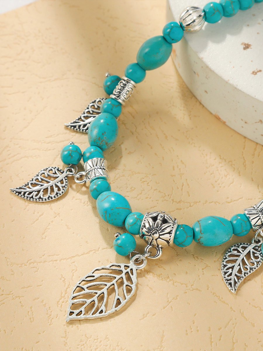 Retro Turquoise Jewelry Bohemian Ethnic Style Turquoise Leaf Necklace for Women