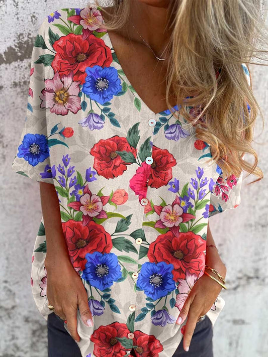 Women's Elegant Rose Floral Pattern V-Neck Shirt Style Cotton and Linen Top