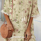 Women's Elegant Rose Floral Print V-Neck Strappy Raw Edge Cotton And Linen Dress