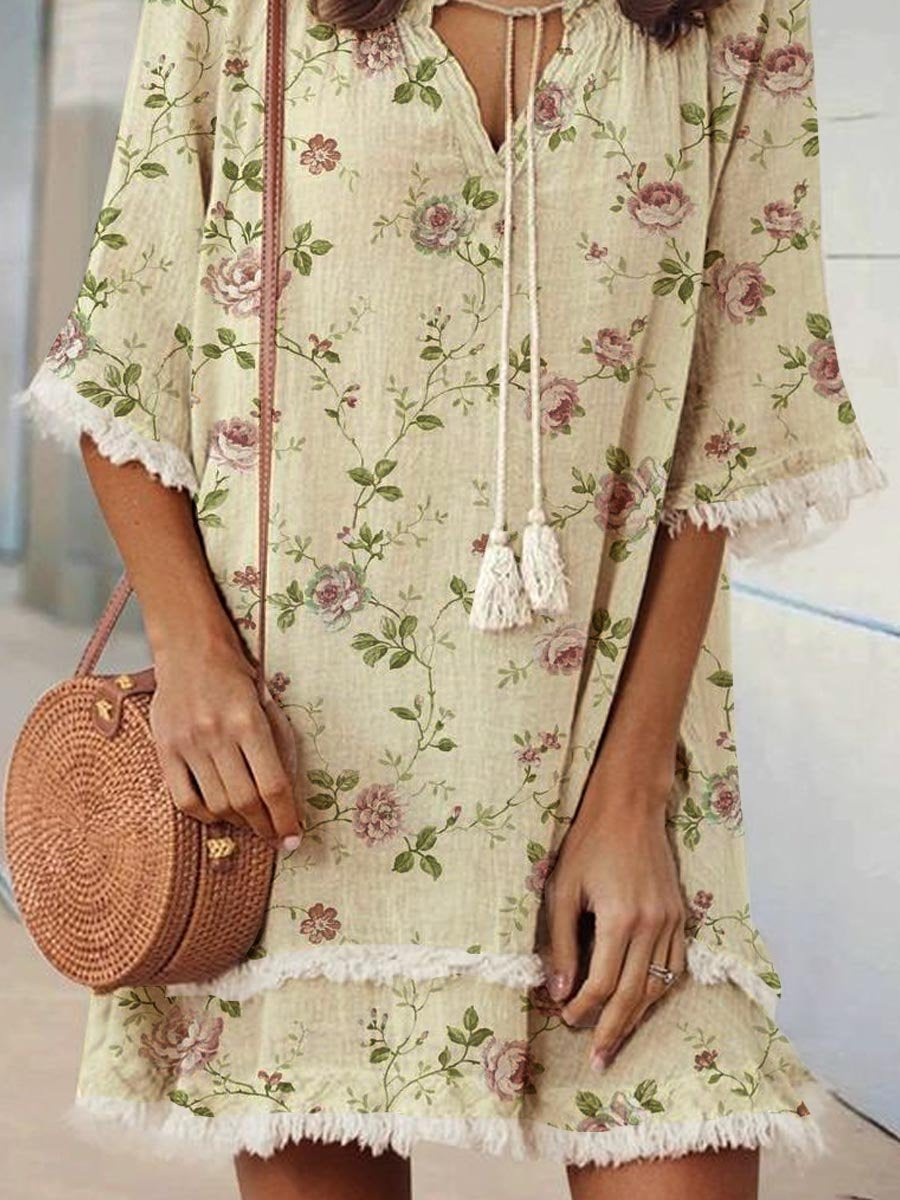 Women's Elegant Rose Floral Print V-Neck Strappy Raw Edge Cotton And Linen Dress