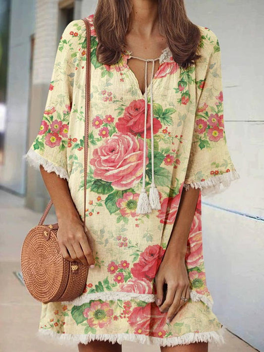 Women's Elegant Rose Floral Print V-Neck Strappy Raw Edge Cotton And Linen Dress