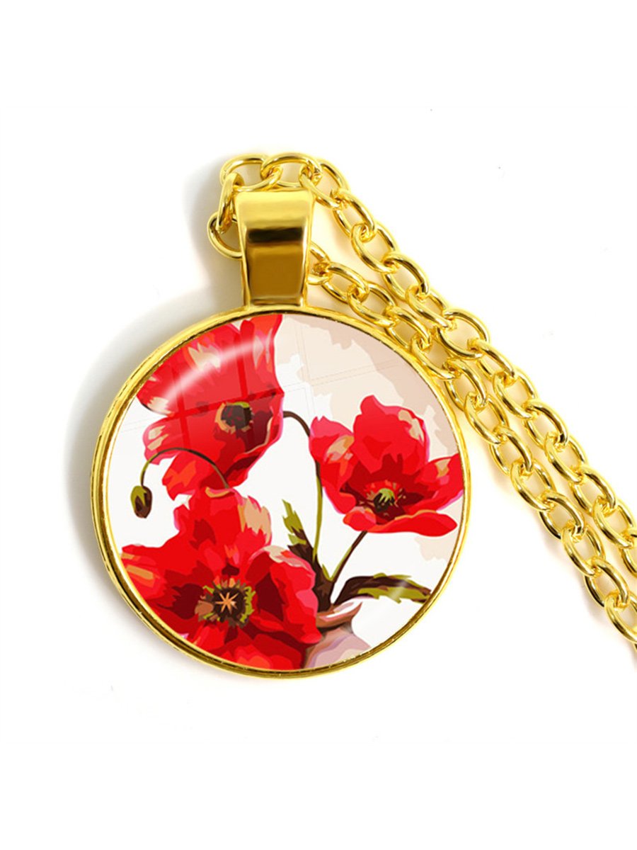 Stylish Poppy Pattern Glass Round Gold Necklace