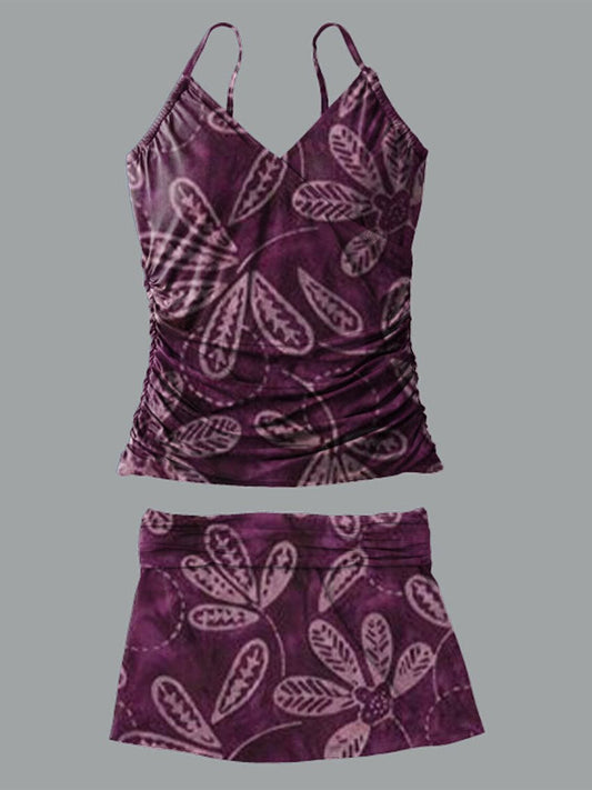 Women’s V-neck Tie Dye Floral Print Suspender Skirt Tankini Set Swimsuit