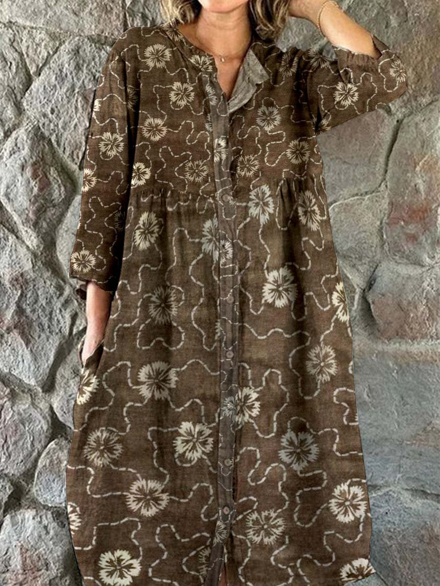 Women's Elegant Simple Shirt Style Cotton and Linen Dress with Decorative Floral Print