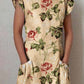 Women's Elegant  Rose Floral Cotton and Linen Dress