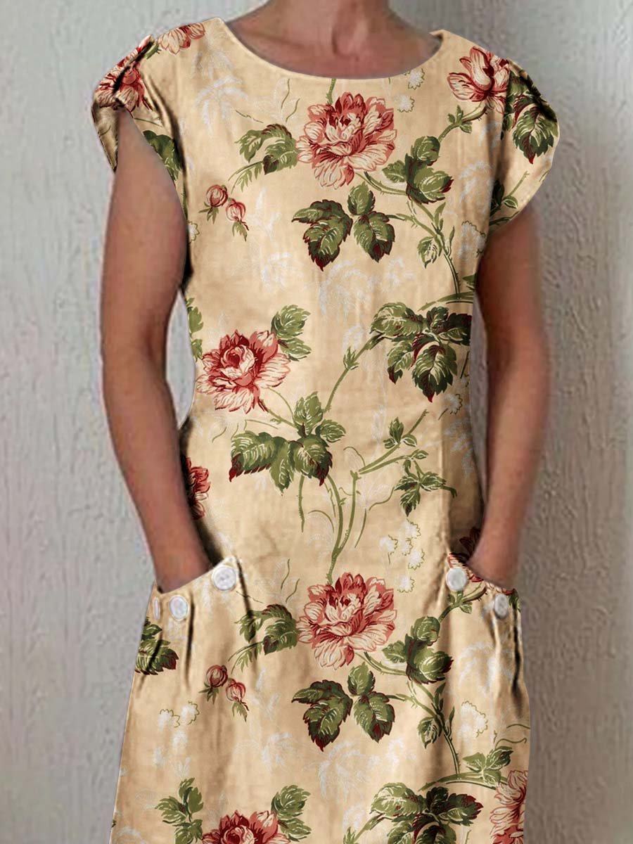 Women's Elegant  Rose Floral Cotton and Linen Dress