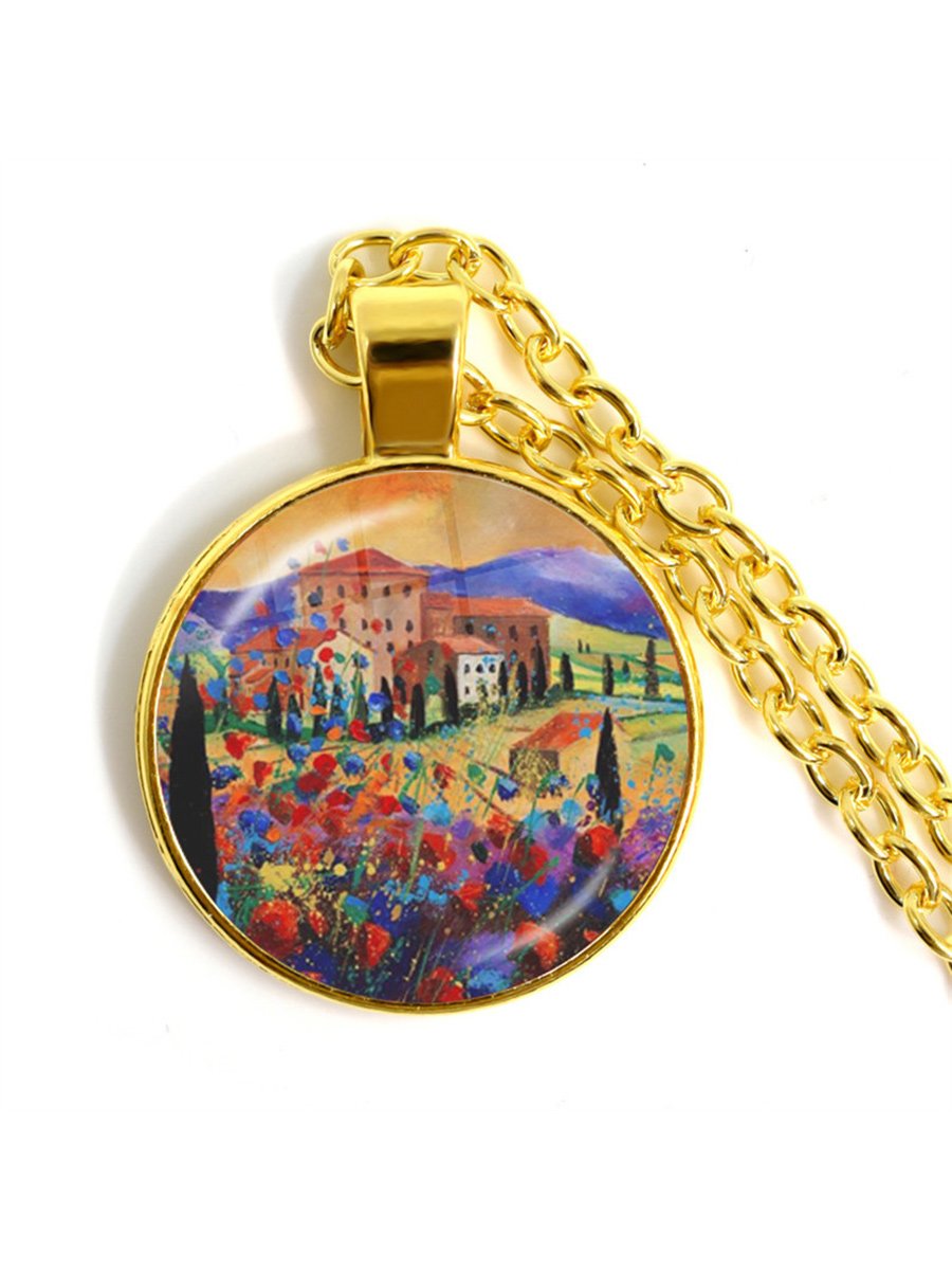 Stylish Poppy Pattern Glass Round Gold Necklace