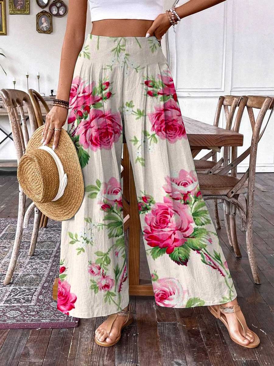 Women's Rose Floral Pattern Cotton and Linen Pants