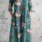 Women's Elegant Rose Floral Print V-Neck Cotton and Linen Dress with Pockets