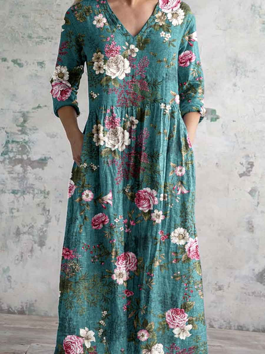 Women's Elegant Rose Floral Print V-Neck Cotton and Linen Dress with Pockets