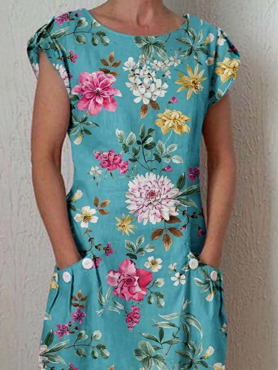 Women's Elegant Floral Pattern Crew Neck Dress