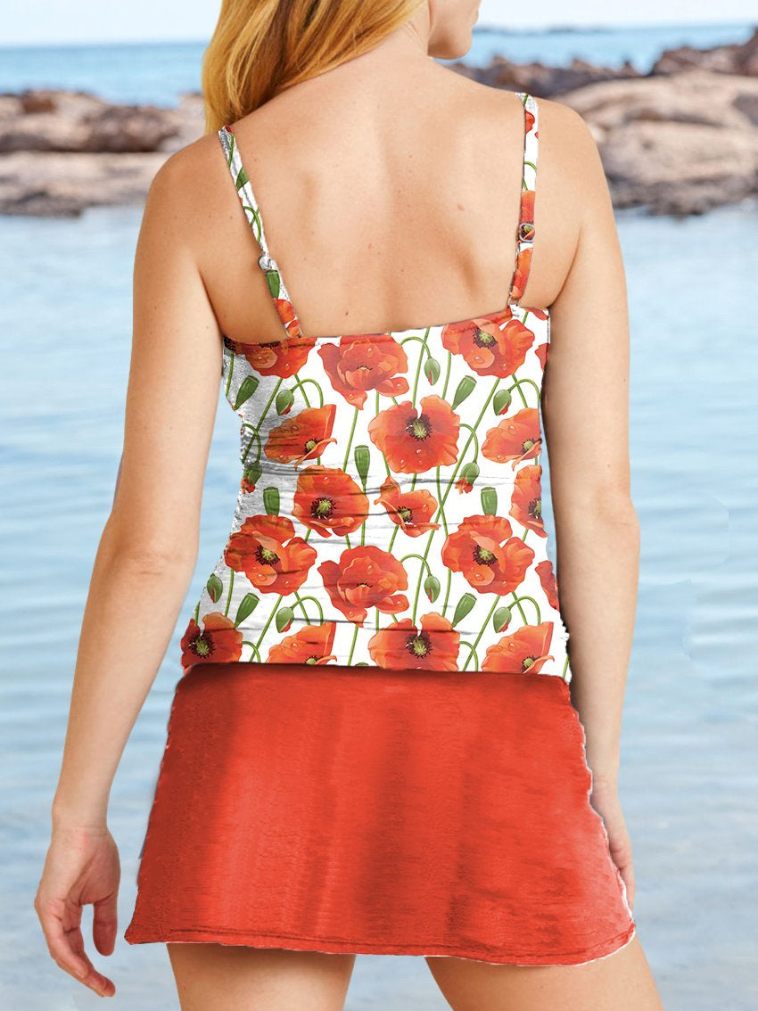 V-neck Red Continuous Poppy Print Suspender Skirt Tankini Pantskirt Set Swimsuit