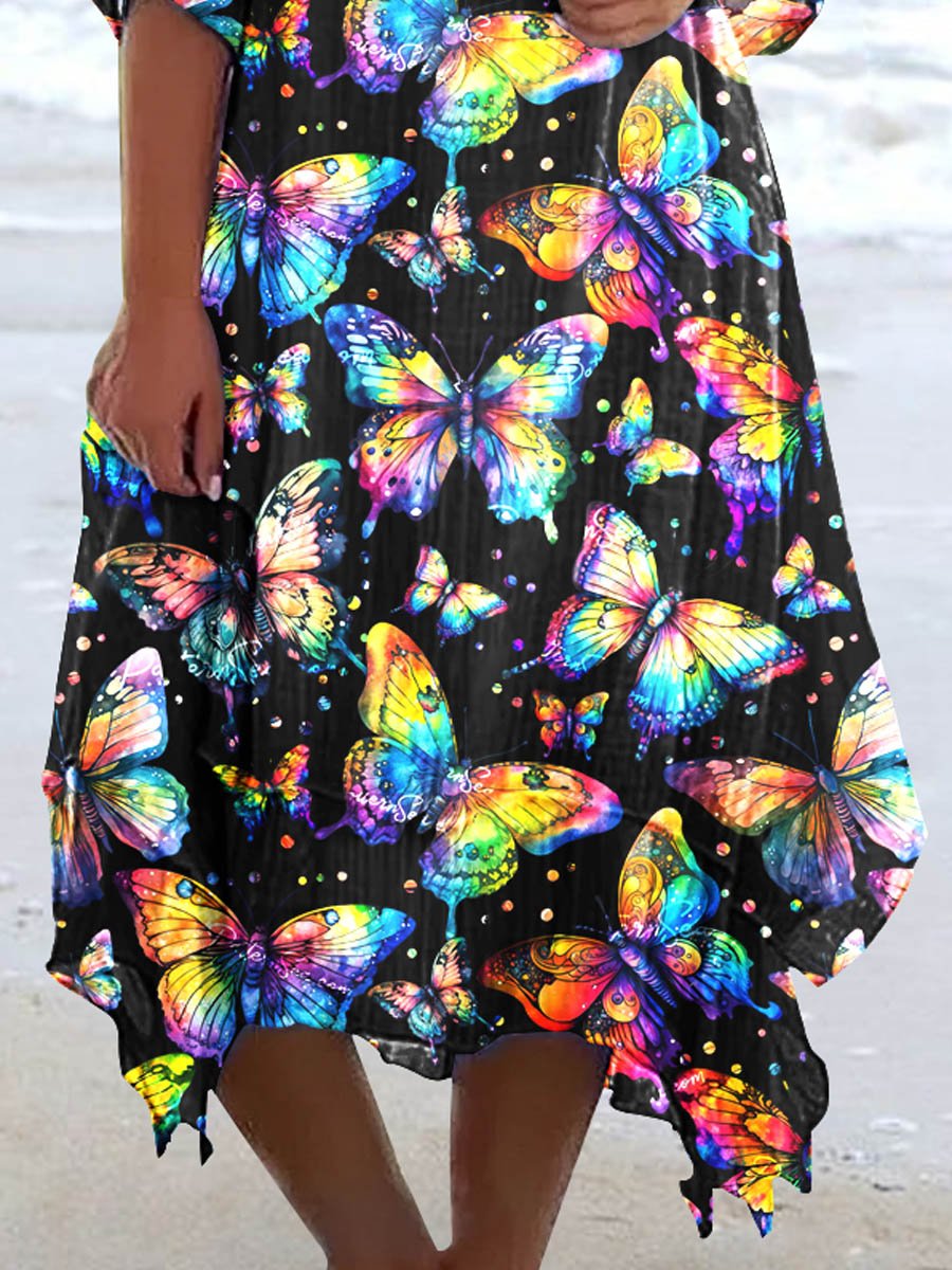 Women's Rainbow Butterfly Art Print Comfort Casual Dress