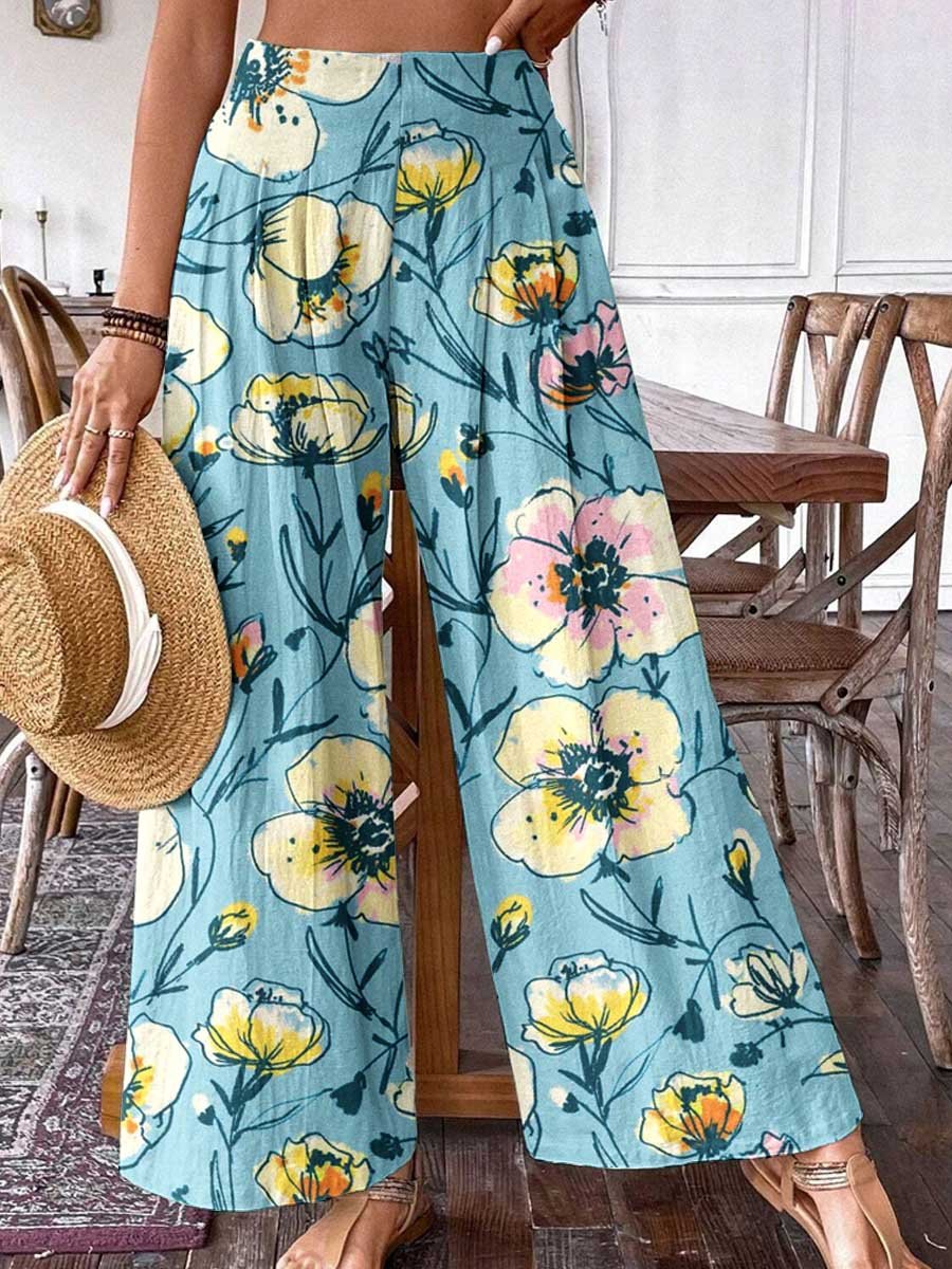 Women's Floral Print Graphic Cotton Wide Leg Pants