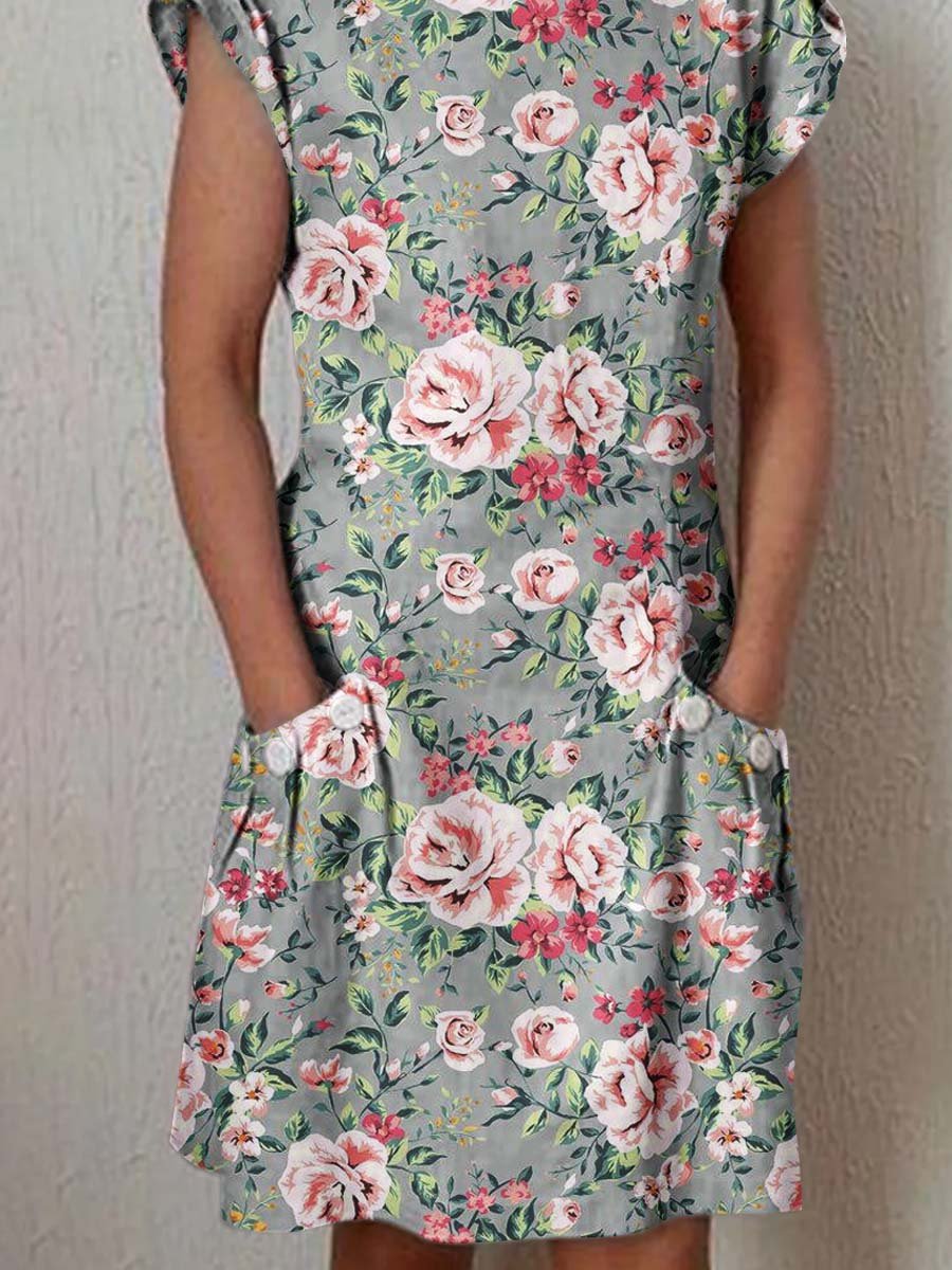 Women's Elegant Floral Cotton and Linen Dress