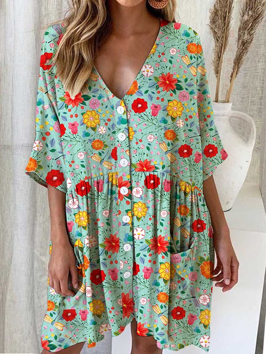 Women's Elegant Rose Floral Pattern Shirt Style Cotton and Linen Dress