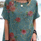 Women's Elegant Simple Decorative  Rose Floral Pattern Round Neck Cotton and Linen Top