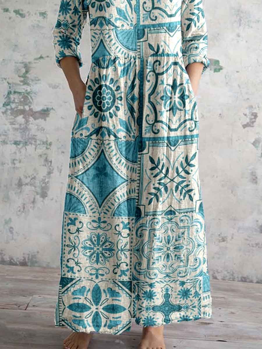 Women's Arty Bohemian Pattern V-Neck Cotton and Linen Dress