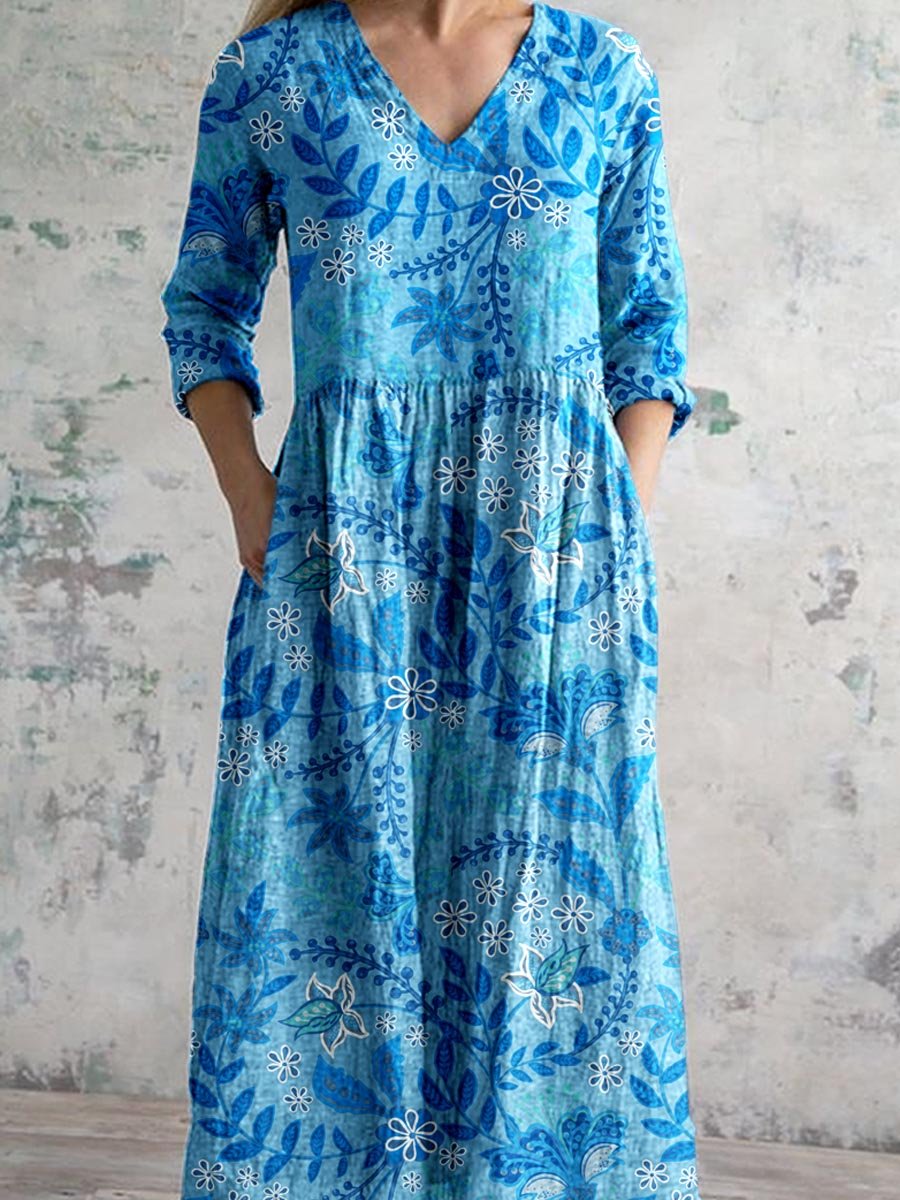 Women's Elegant Simple Floral Pattern V-Neck Cotton Dress