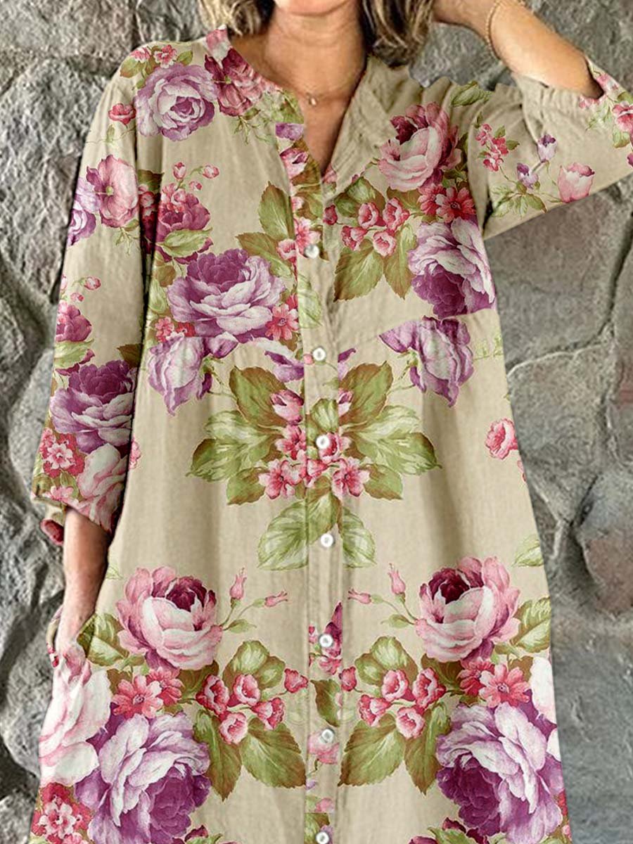 Women's Elegant Rose Floral Print Shirt Style Cotton and Linen Dress