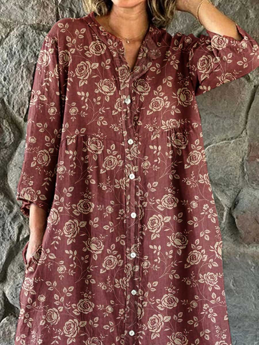 Women's Elegant Simple Rose Floral Stripe Pattern Cotton and Linen Shirt Dress