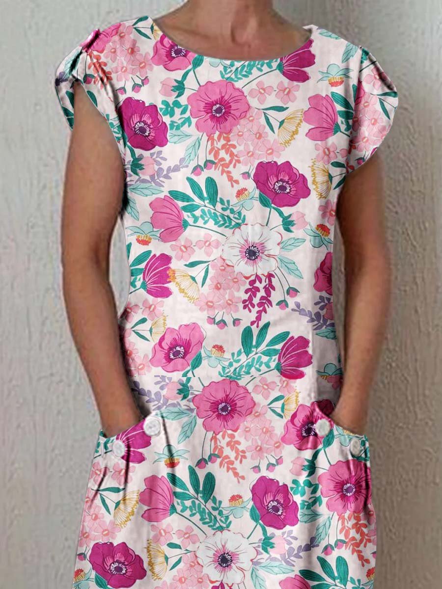 Women's Elegant Floral Pattern Round Neck Cotton and Linen Dress